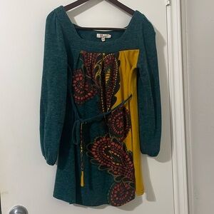 Aryeh Teal and Yellow Long Sleeve Dress Size M